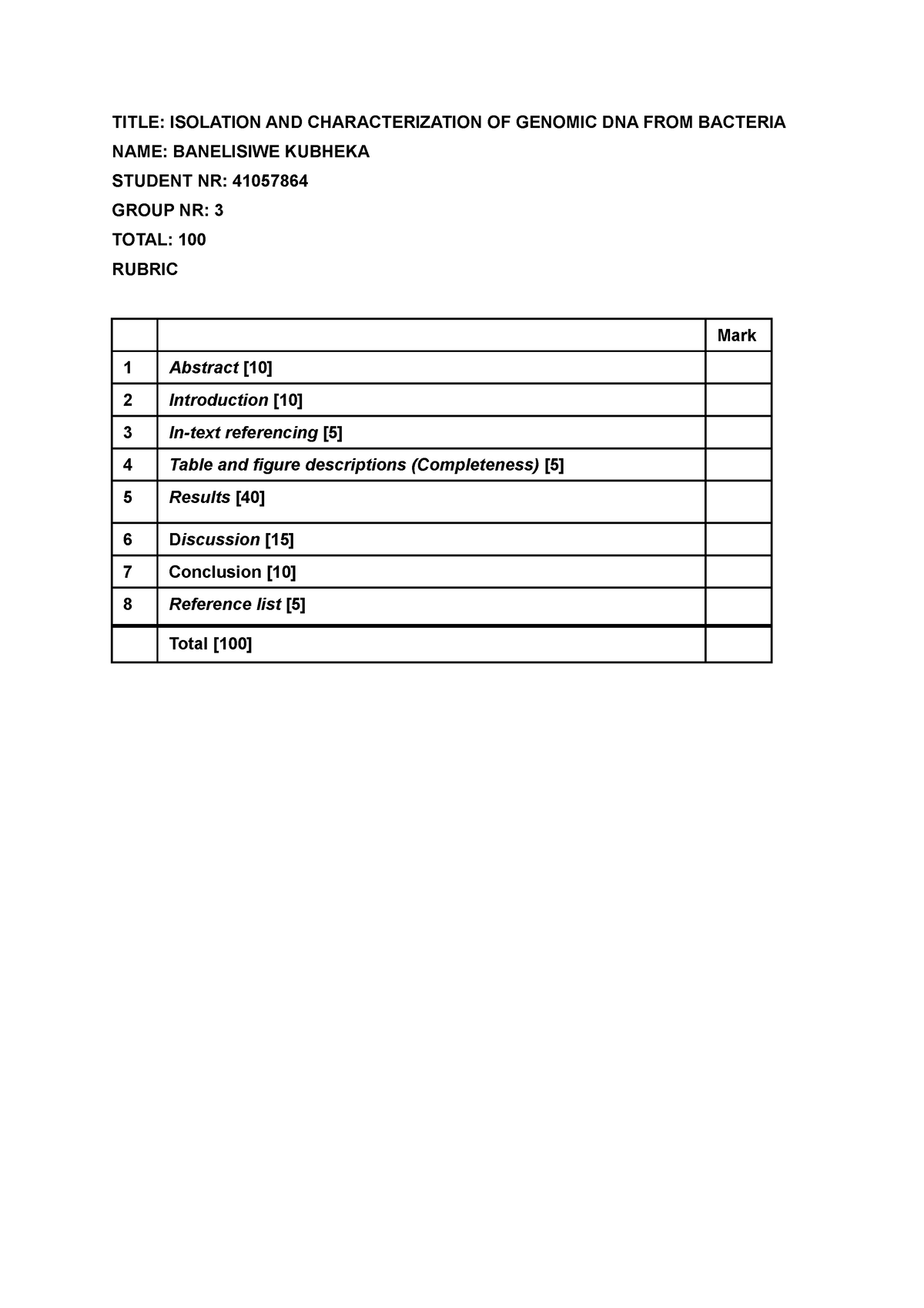 MKBS Practical 3 DNA Isolation - TITLE: ISOLATION AND CHARACTERIZATION ...