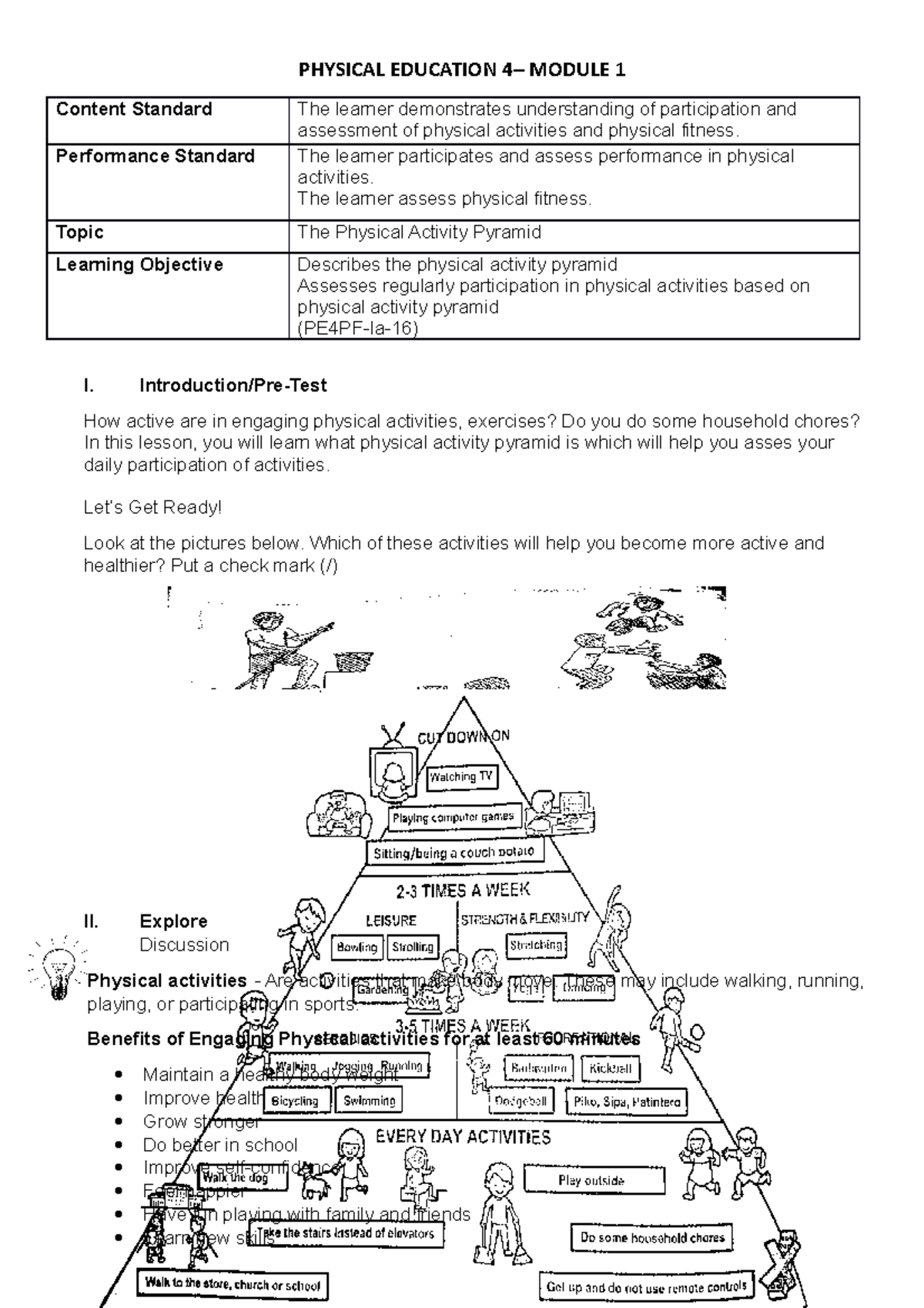 Phyical education - MODULE - PHYSICAL EDUCATION 4– MODULE 1 Content ...