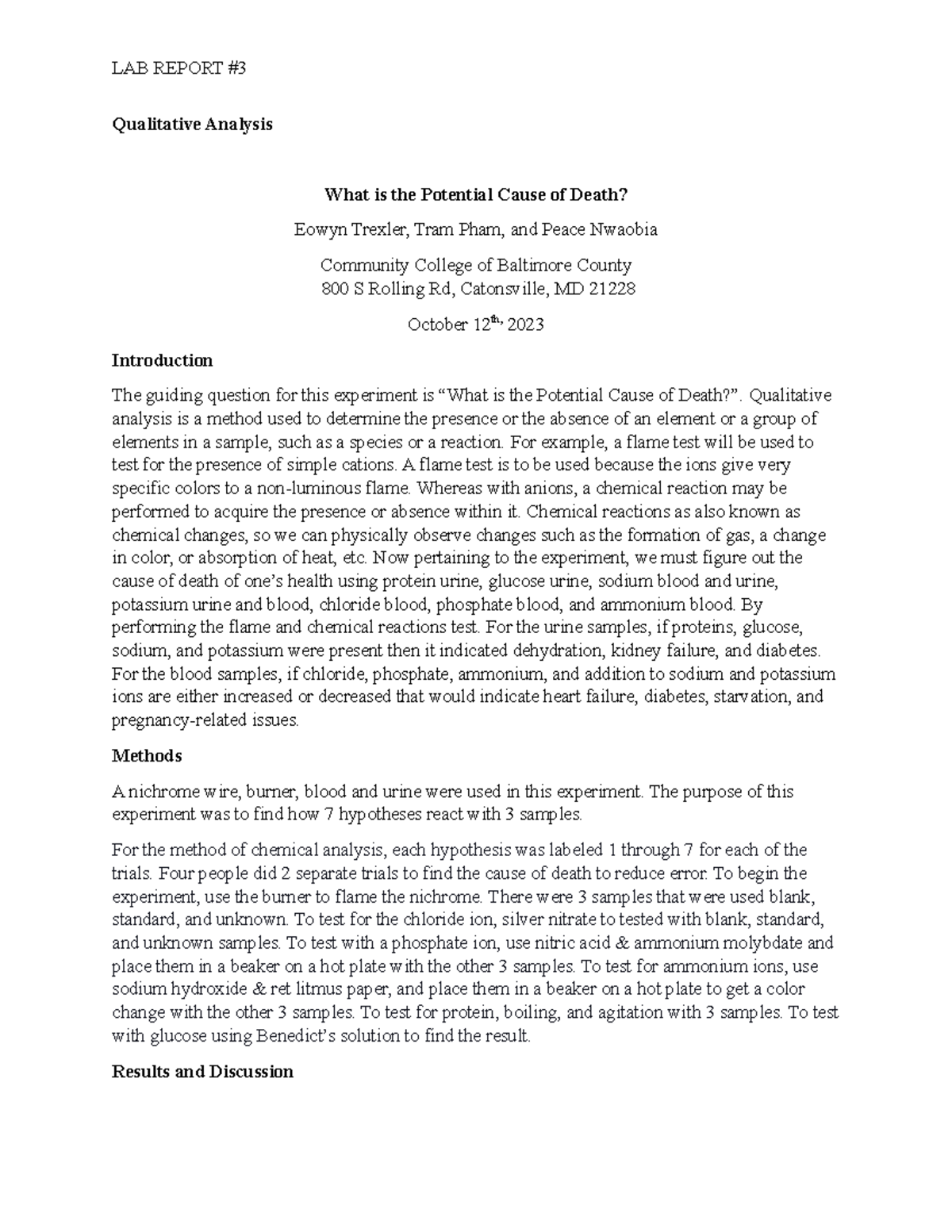 Formal 3 chemiestry lab LAB REPORT Qualitative Analysis What is the