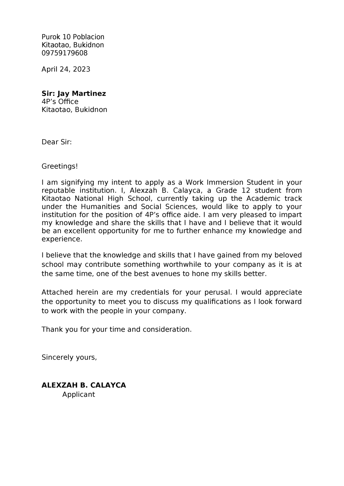 Alexzah Application Letter and Resume - Purok 10 Poblacion Kitaotao ...