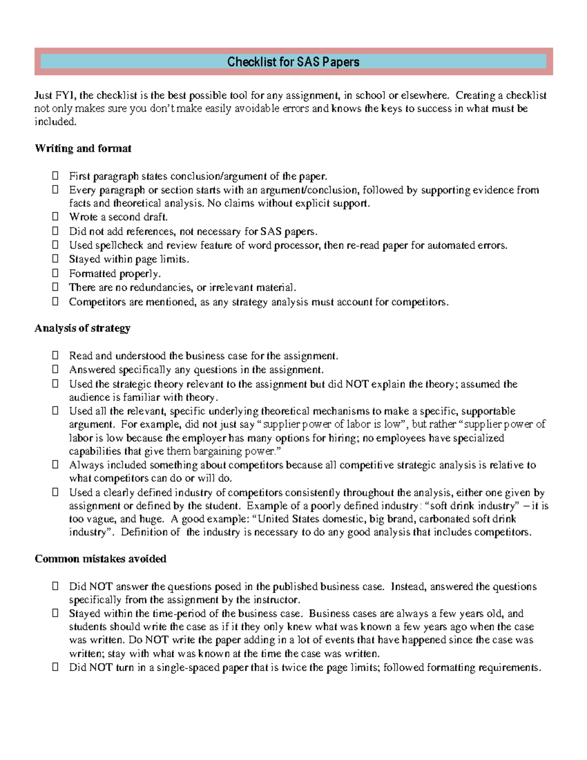 SAS Checklist for paper - Checklist for SAS Papers Just FYI, the