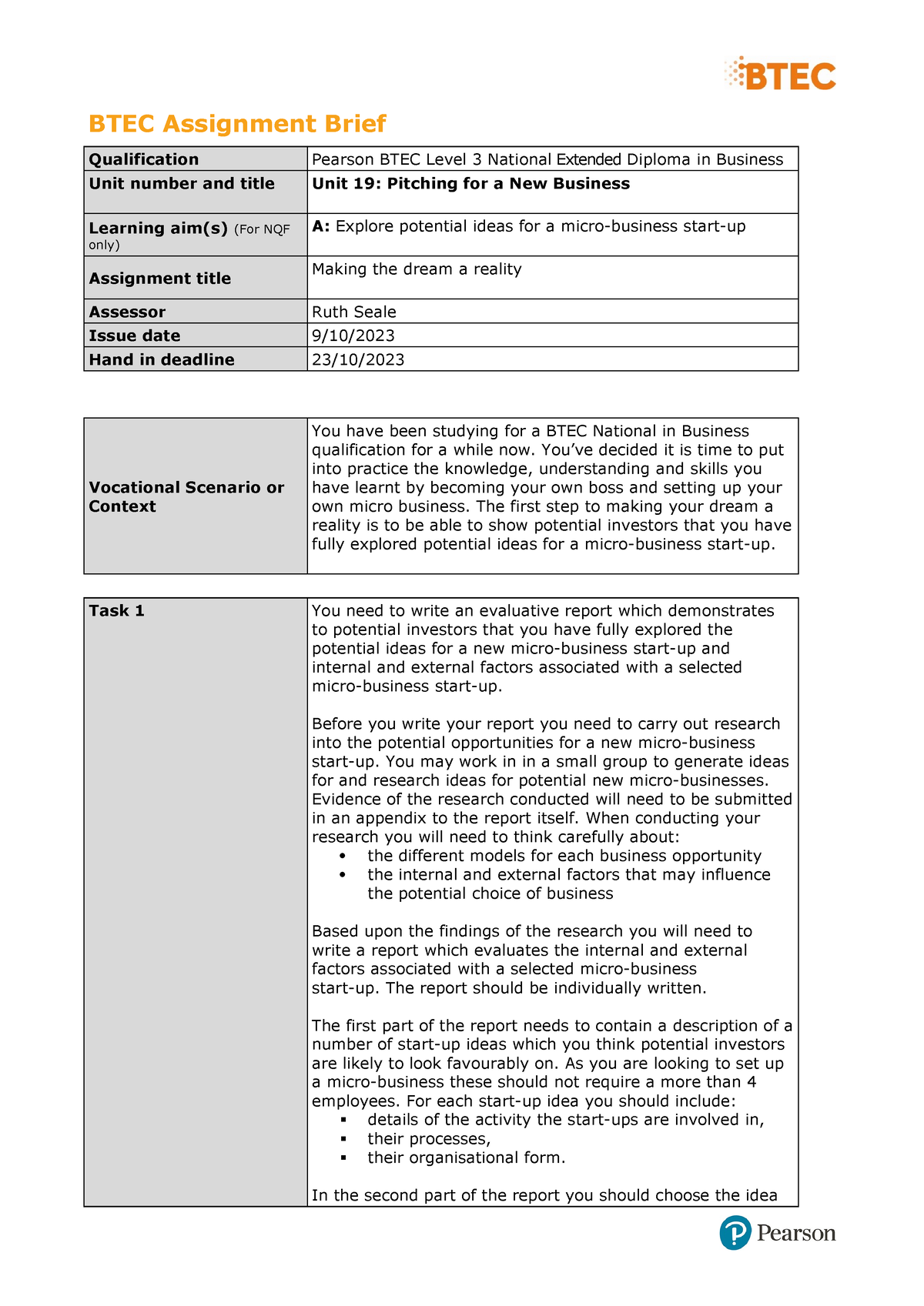 Unit 19 Authorised Assignment Brief For Learning Aim A Pitching For A ...