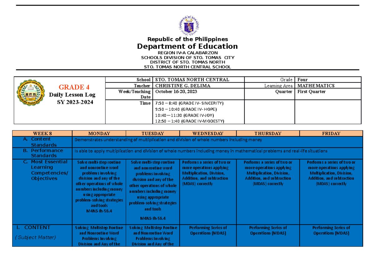 Dll Math 4 Q1 Week 8 Dll Grade 4 Republic Of The Philippines Department Of Education Region 9697