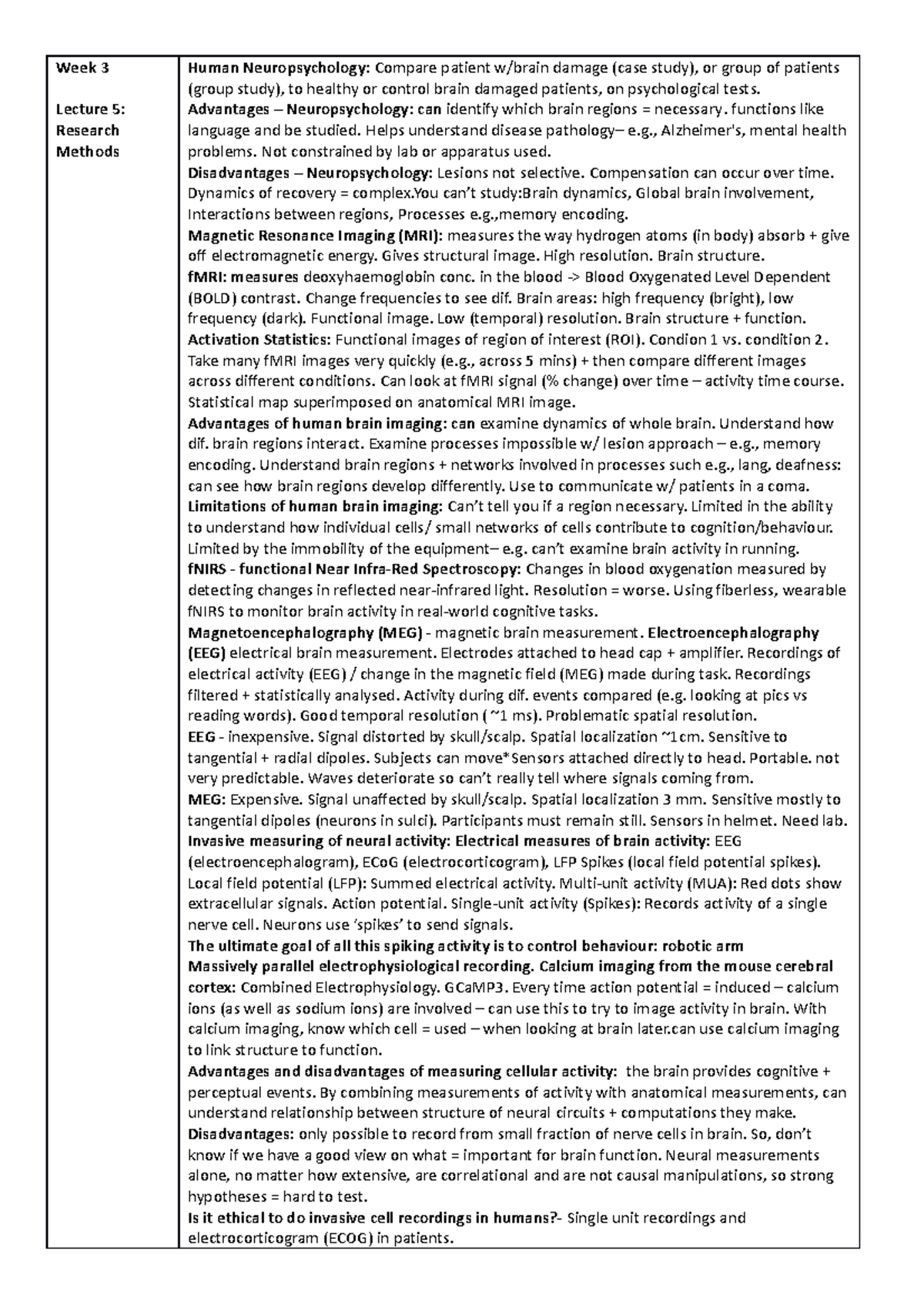 Brain and Behaviour lecture notes - Week 3 Lecture 5: Research Methods ...