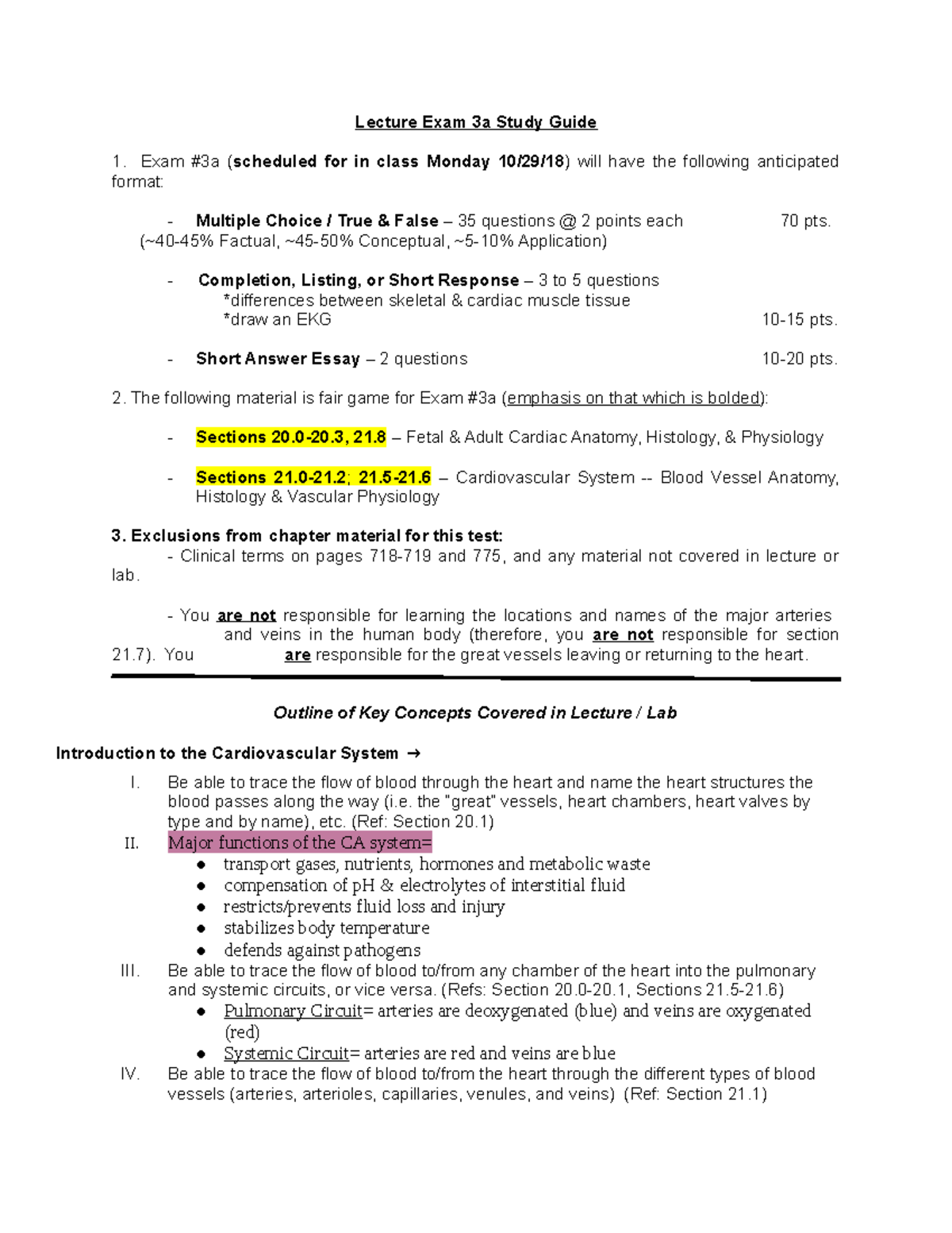 A&P Exam 3A Study Guide Lecture Exam 3a Study Guide Exam 3a