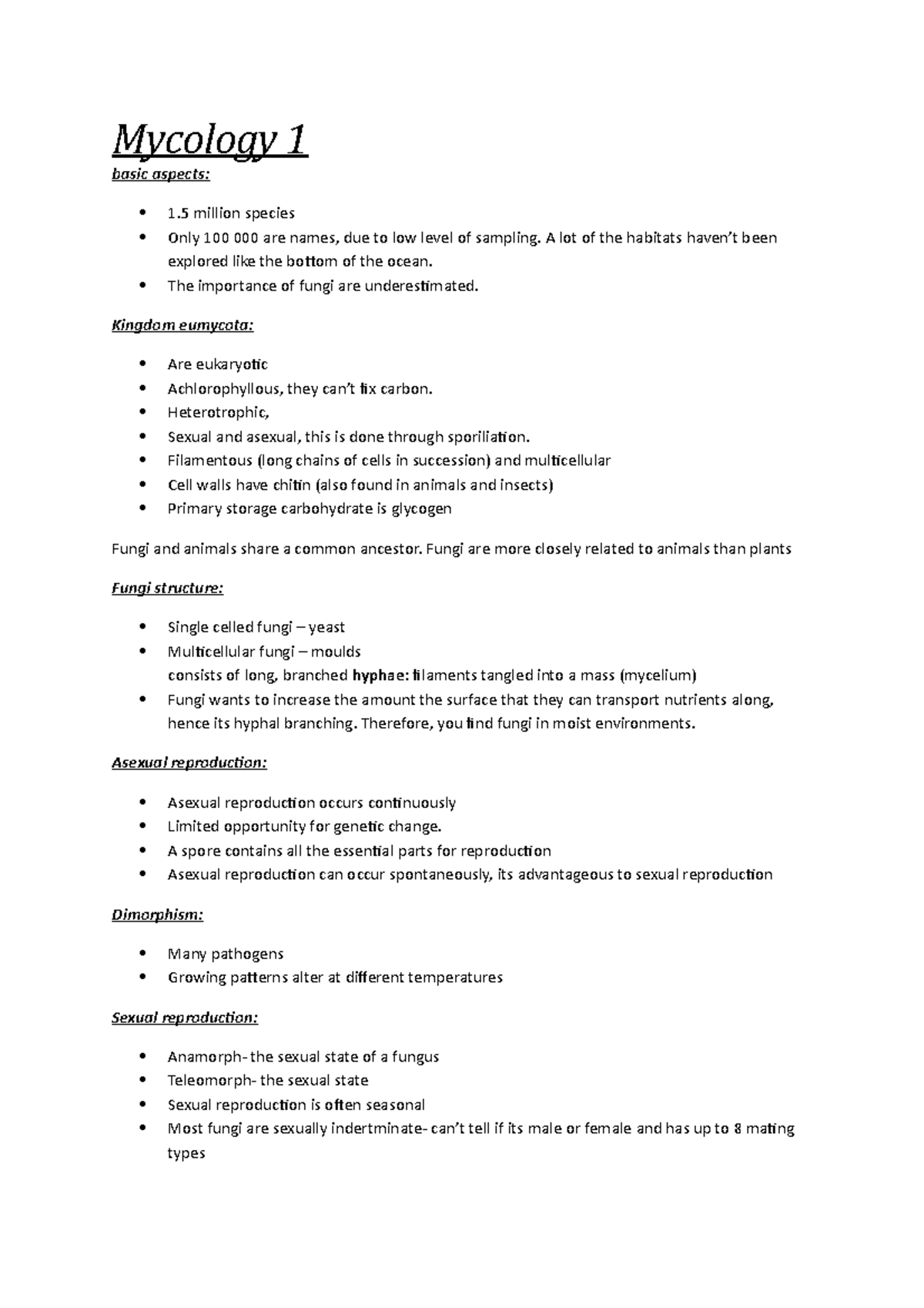 Mycology lecture - Mycology 1 basic aspects: 1 million species Only 100 ...