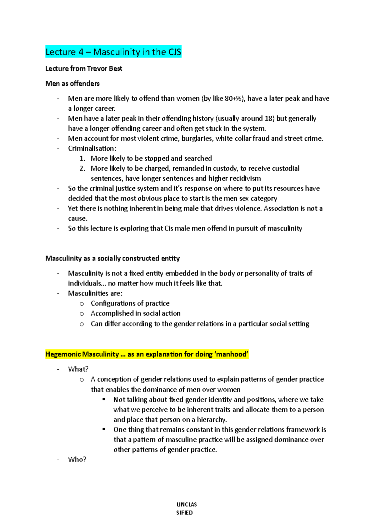 HSRV210 Lecture 4 – Masculinity in the CJS - Lecture 4 – Masculinity in ...