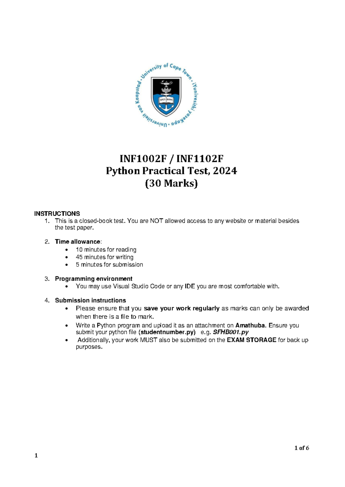 INF1 Python Prac Test A 2024 - 1 of 6 INF1002F / INF1102F Python ...