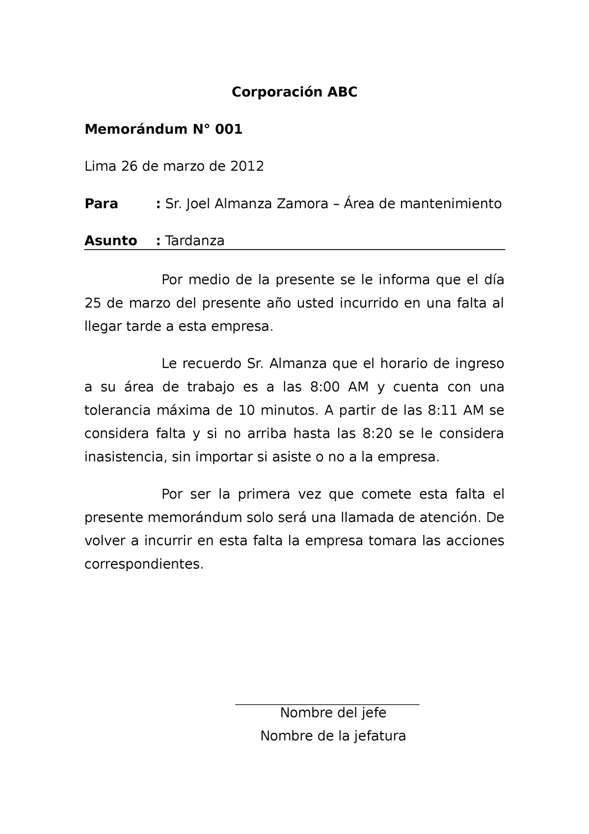Memorando Tardanza Corporación Abc Memorándum N° 001 Lima 26 De Marzo De 2012 Para Sr Joel 5620