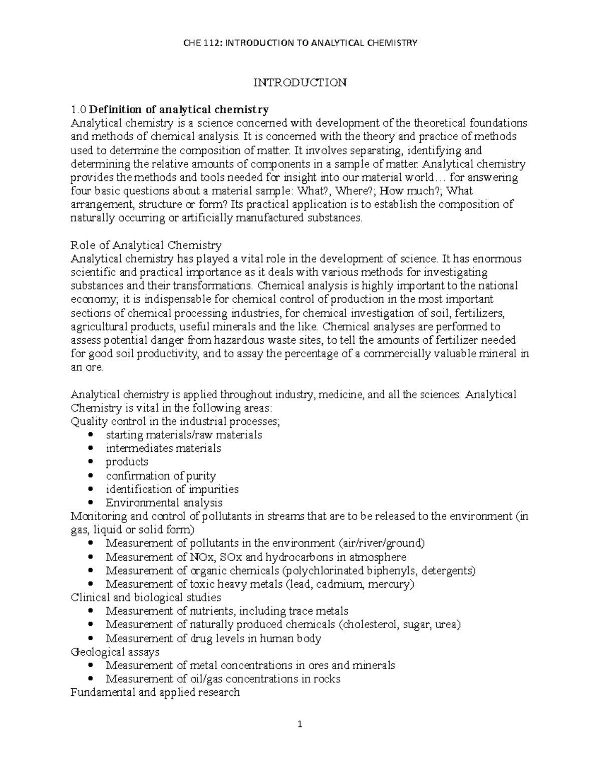 CHE 112 Topic 1 Introduction - INTRODUCTION 1 Definition of analytical ...