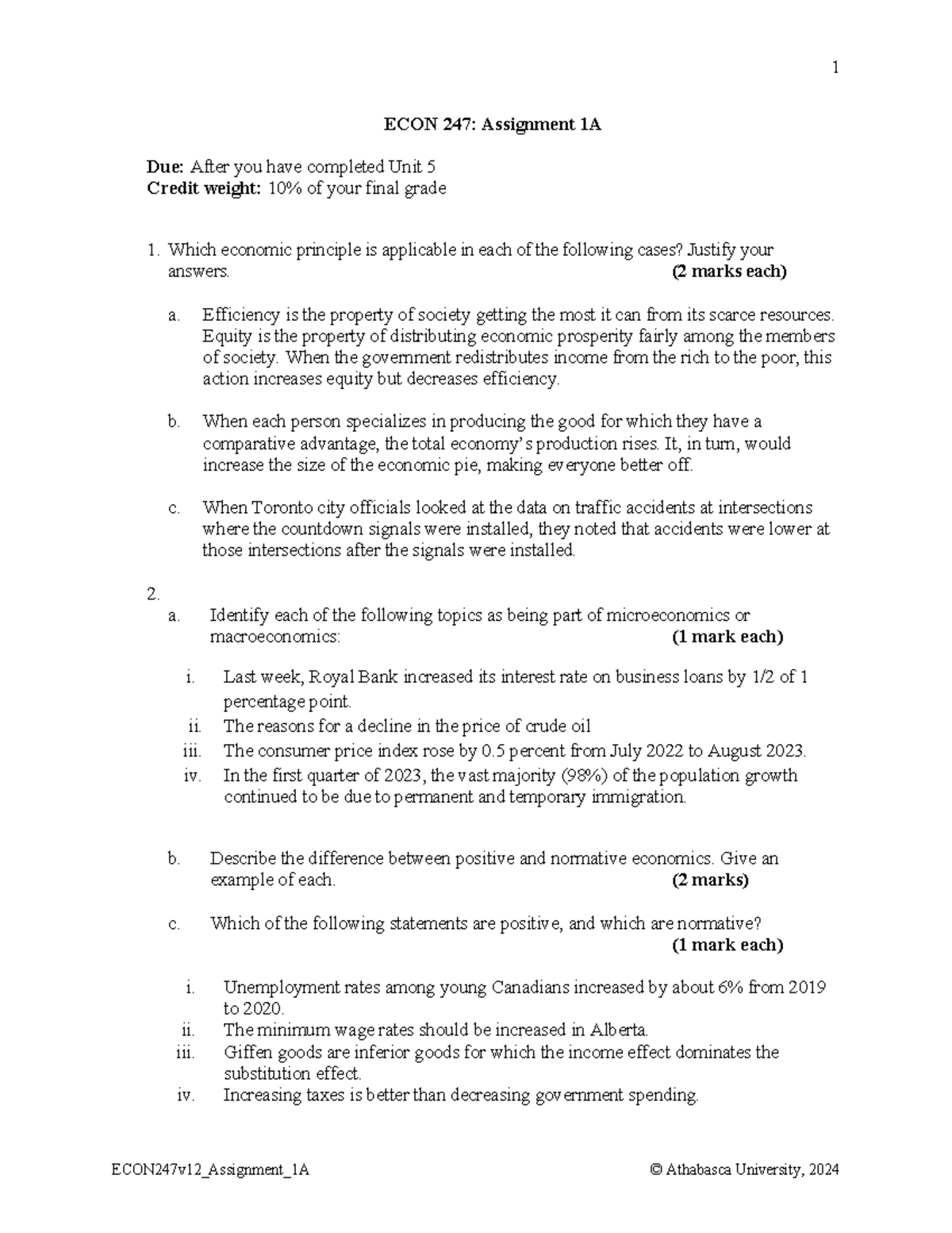 ECON247v12 Assignment 1A - ECON 247: Assignment 1A Due: After you have ...