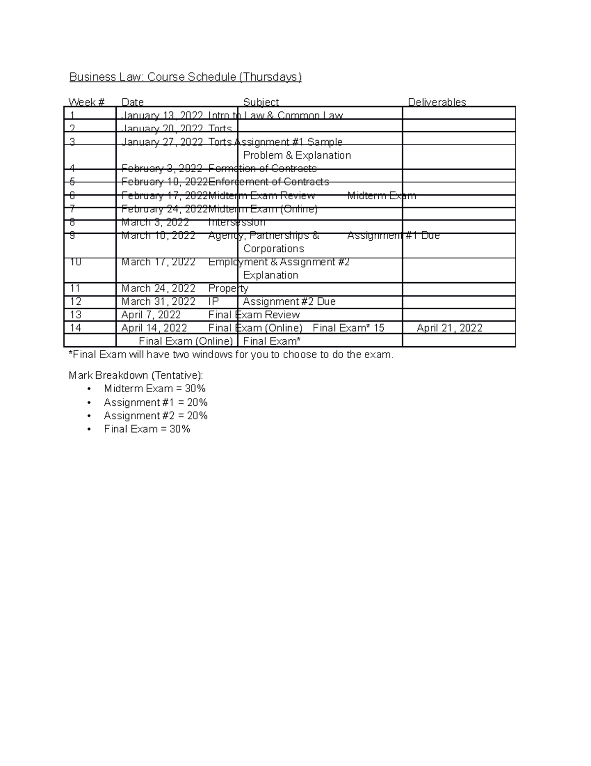 2022 01 24 business law thursday course schedule v10 Business Law