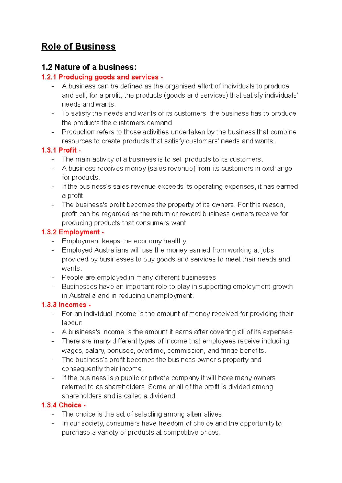 Business Summary - Role of Business 1 Nature of a business: 1.2 ...
