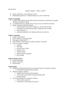 Week 3 - Lecture notes 3 - Ruman Farid Medical Genetics – Week 3, 9/13 ...