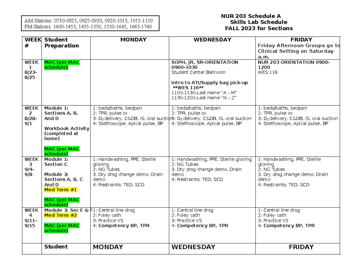 203 Lab Schedule A FA23 sections NUR 203 Schedule A Skills Lab Schedule FALL 2023 for Sections