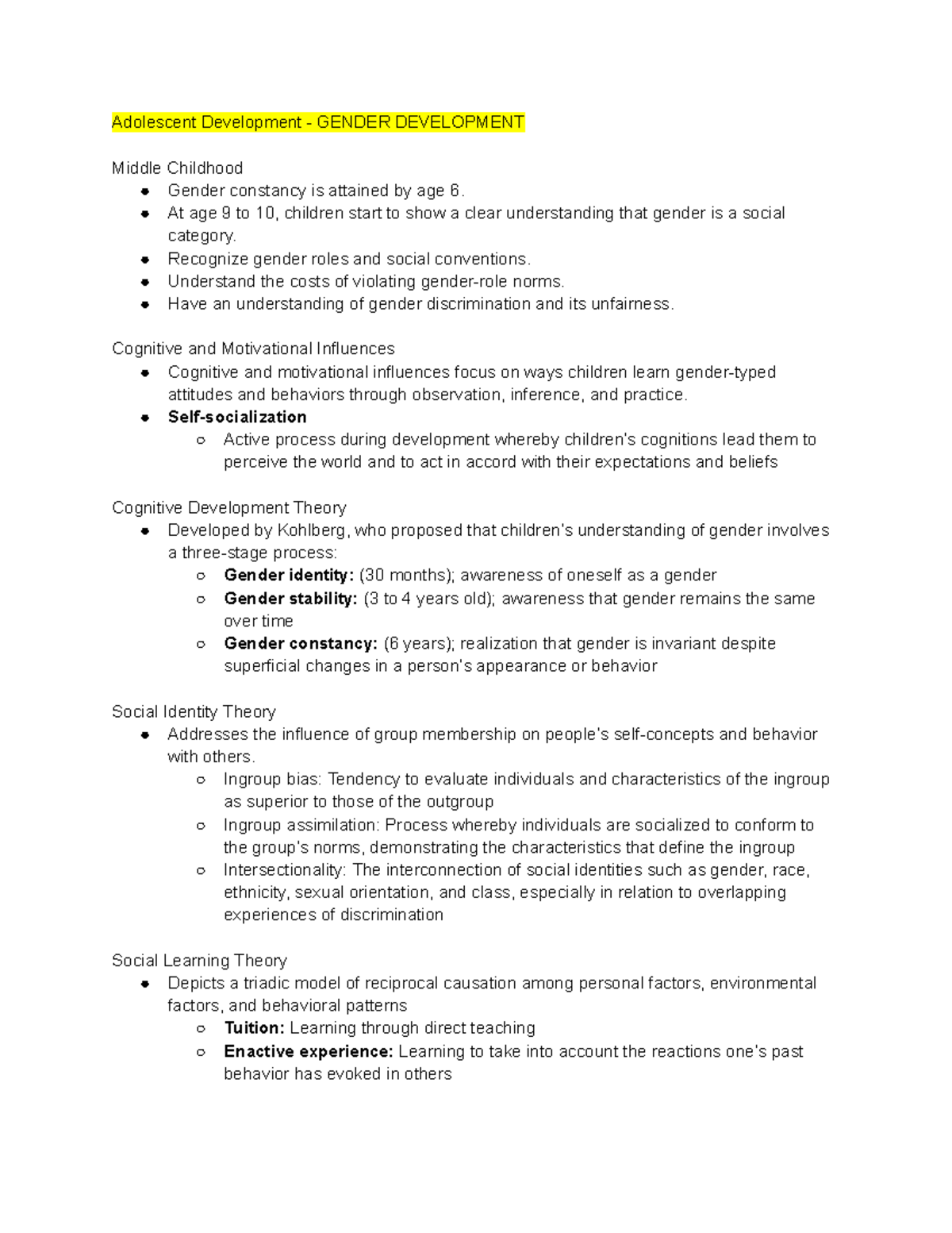 6 06 notes - Adolescent Development - GENDER DEVELOPMENT Middle ...