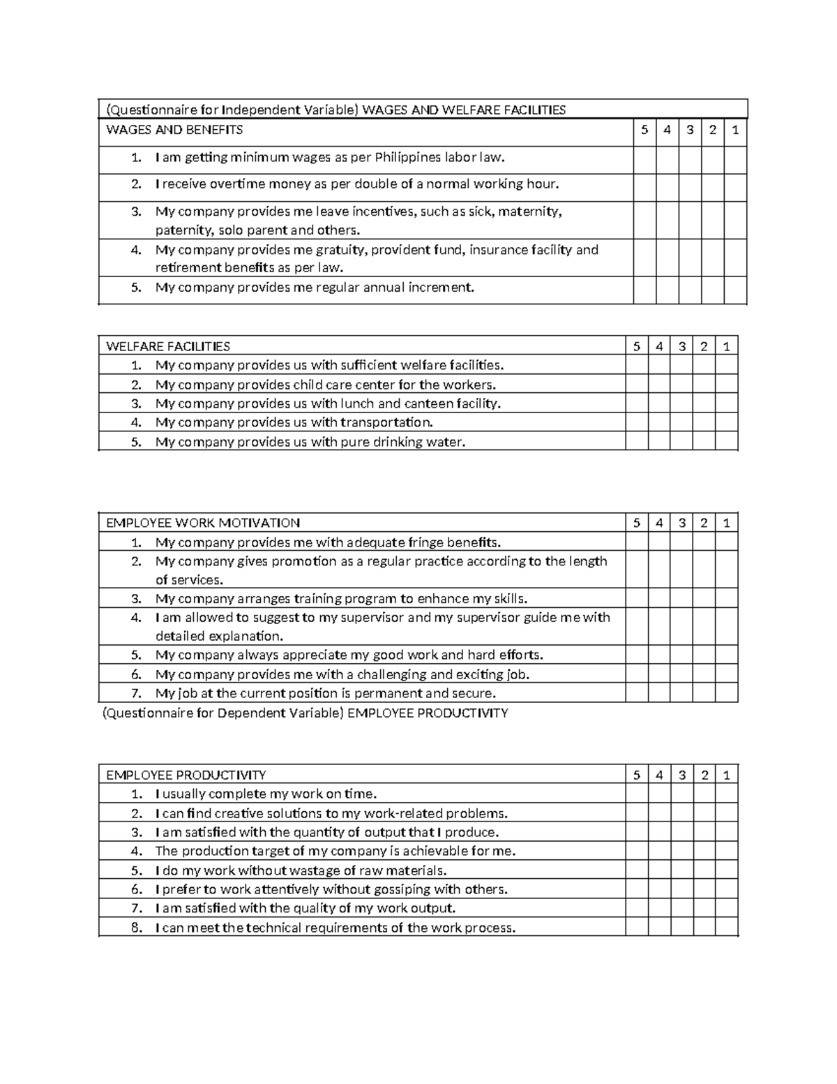 Wages AND Benefits - (Questionnaire for Independent Variable) WAGES AND ...
