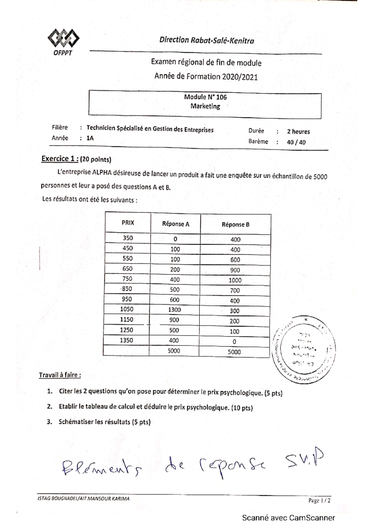 EFM marketing 2021 gestion - Direction OFPPT Examen régional de fin de ...