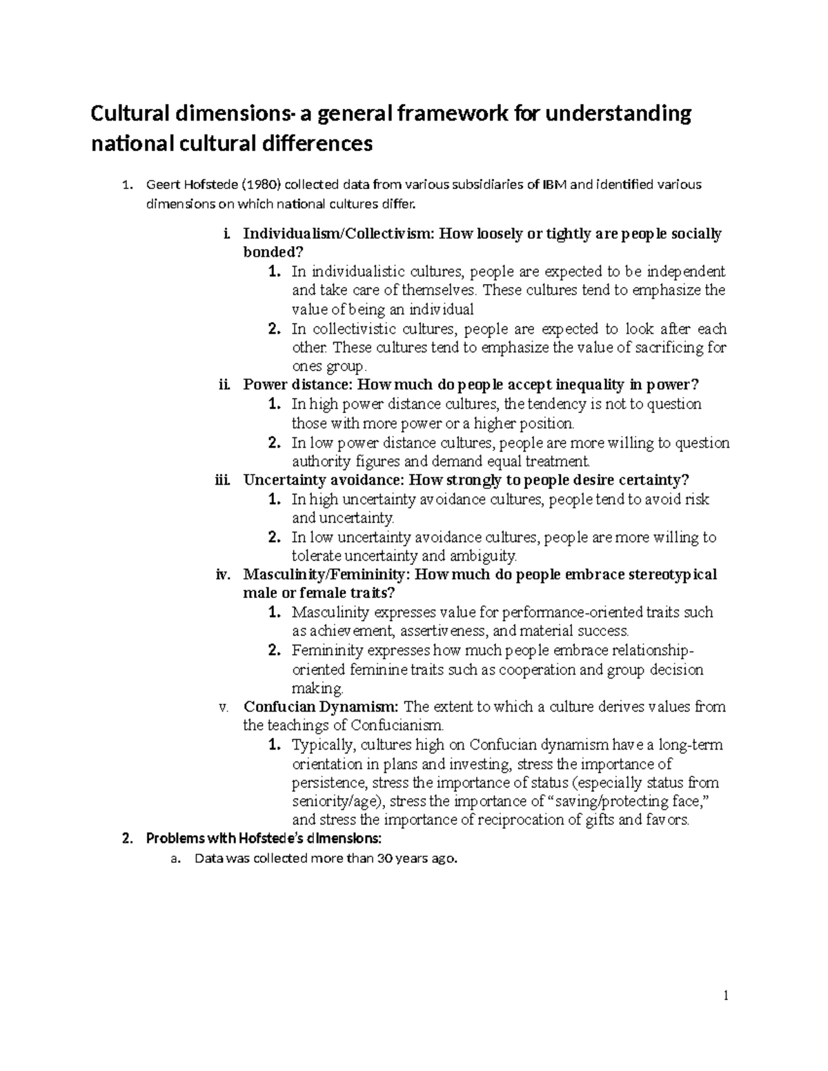 Cultural Dimensions Notes - 1 Cultural dimensions - ‐ a general ...
