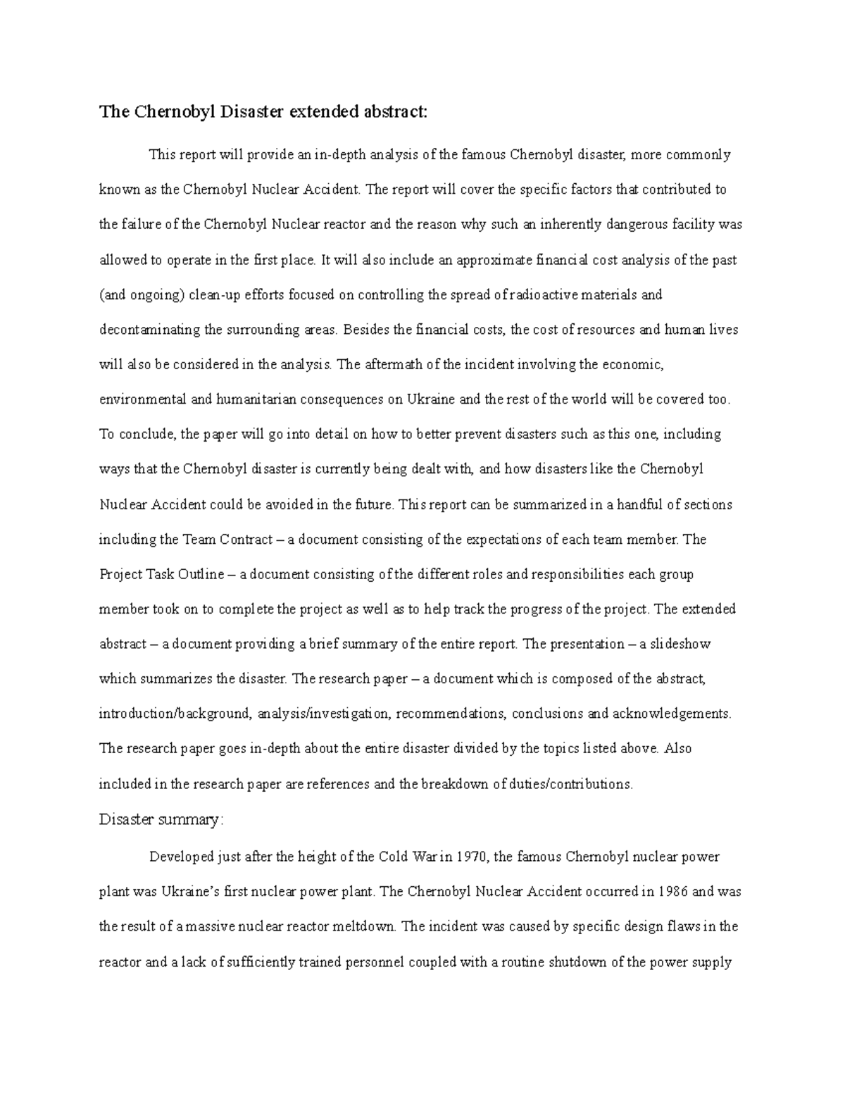 Extended Abstract Chernobyl Disaster - The Chernobyl Disaster extended ...
