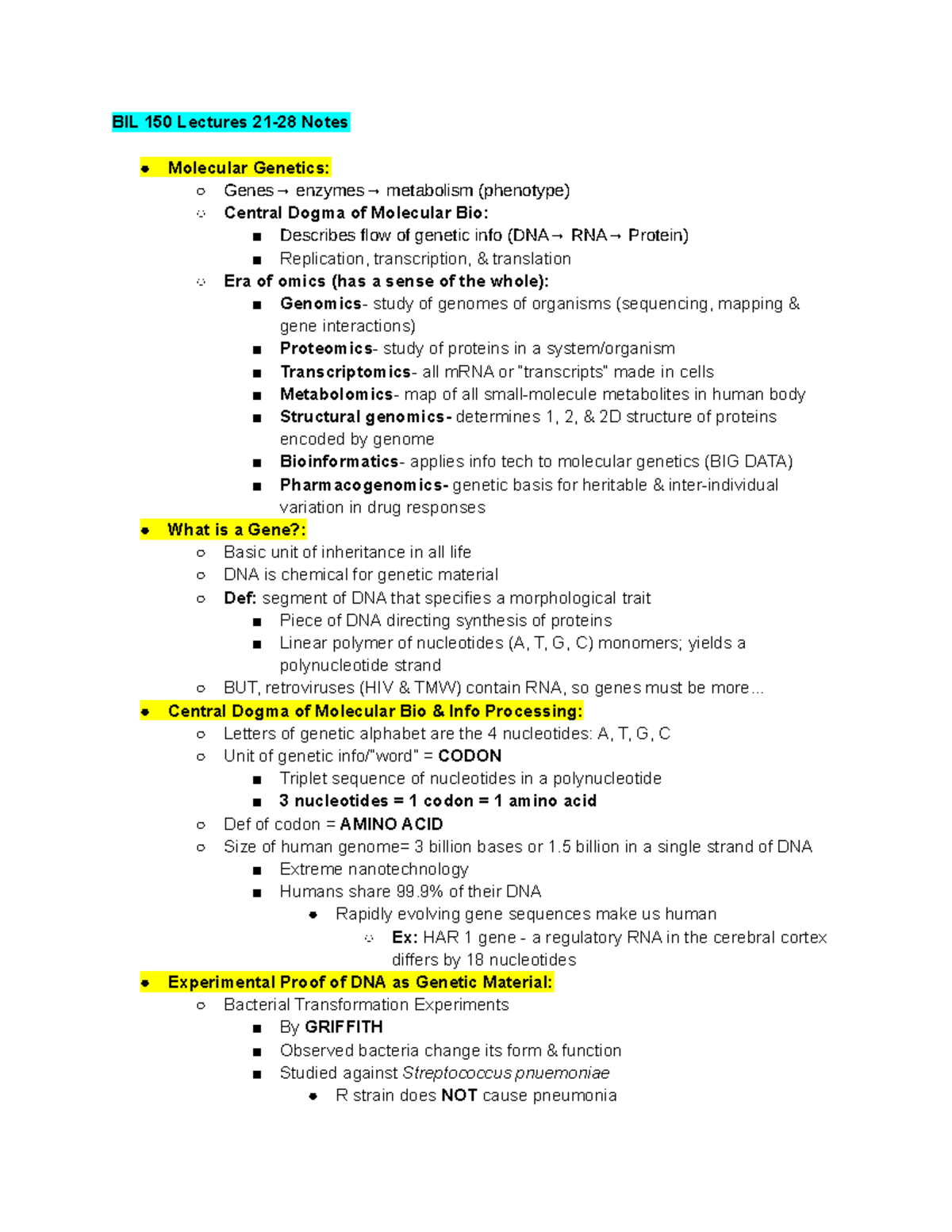 Lecture notes for Test 4 - BIL 150 Lectures 21-28 Notes Molecular ...