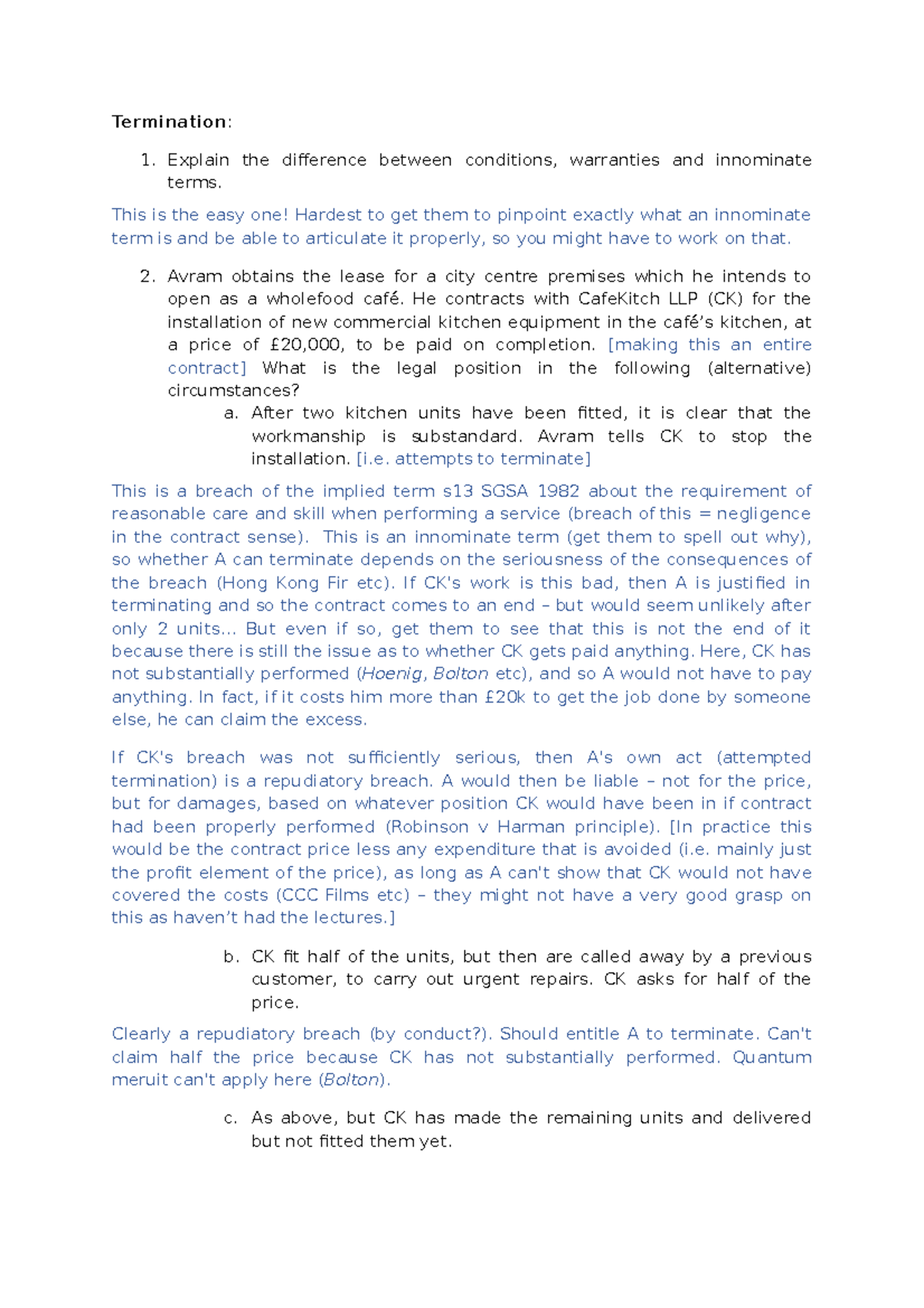 Breach of contract 2018 Termination Explain the difference between