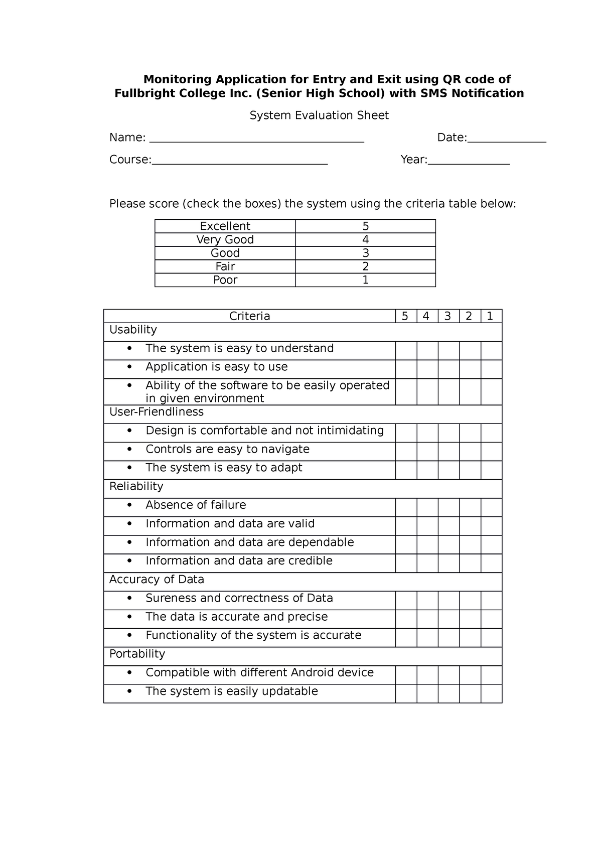 Evaluation Sheet - Monitoring Application for Entry and Exit using QR ...