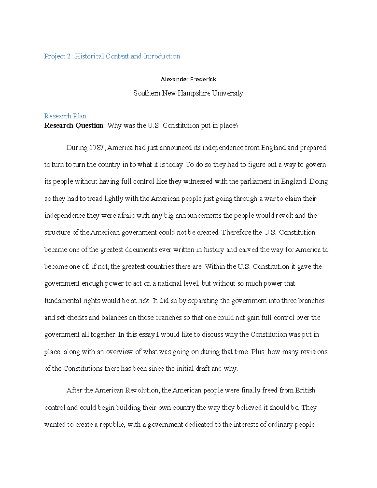 HIS 100 Project Two Project 2 Historical Context and Introduction Alexander Frederick