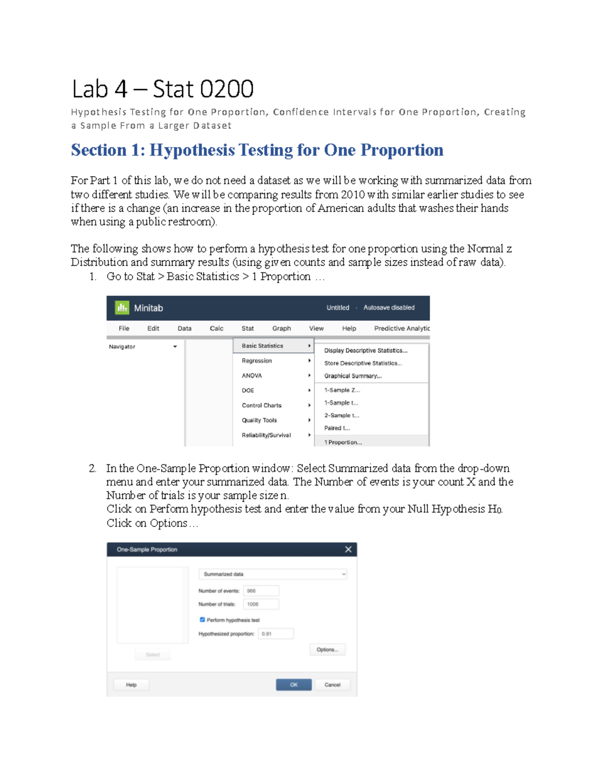 Lab 4 Tutorial - Lab 4 – Stat 0200 Hypothesis Testing for One ...