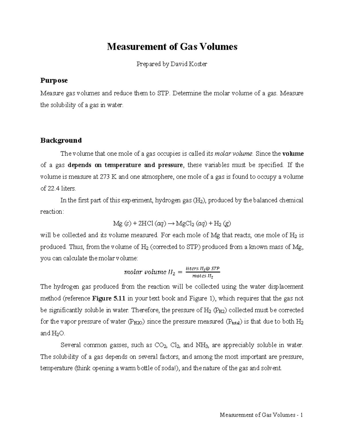 Gas Volume Lab v1 lab Measurement of Gas Volumes Prepared by David