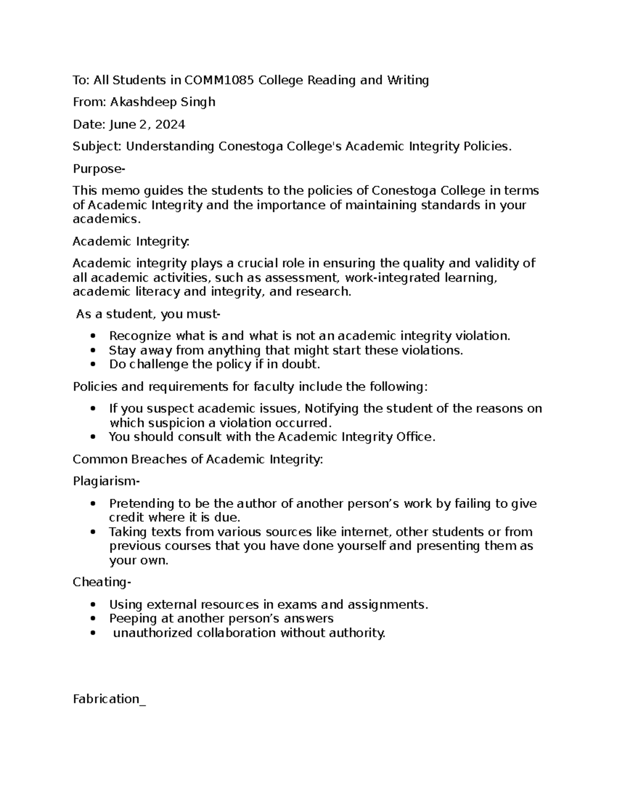 Memo - this is a great work - To: All Students in COMM1085 College ...