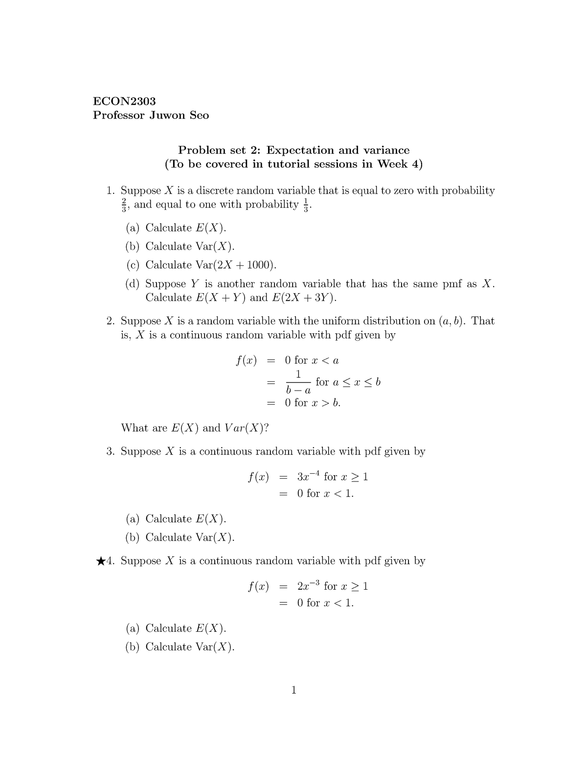 Problem Set 2 - ECON Professor Juwon Seo Problem Set 2: Expectation And ...