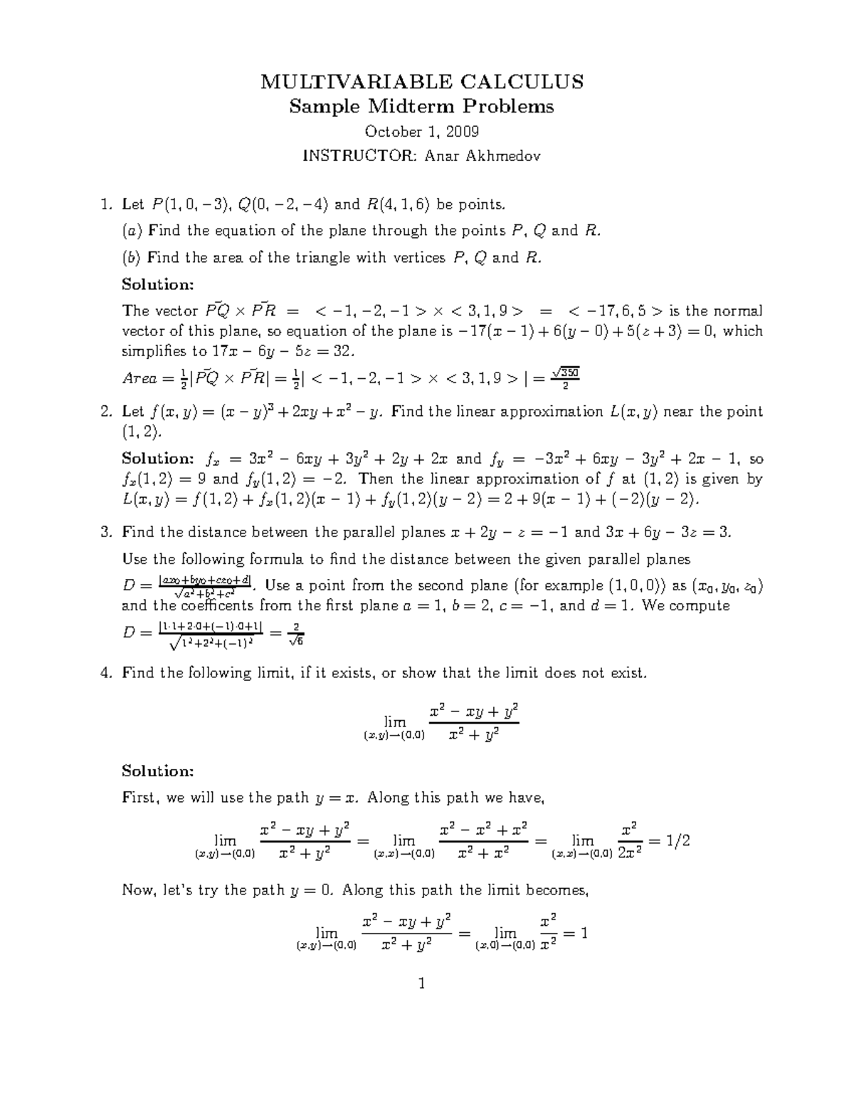 Samplem 1 - Practice - MULTIVARIABLE CALCULUS Sample Midterm Problems ...