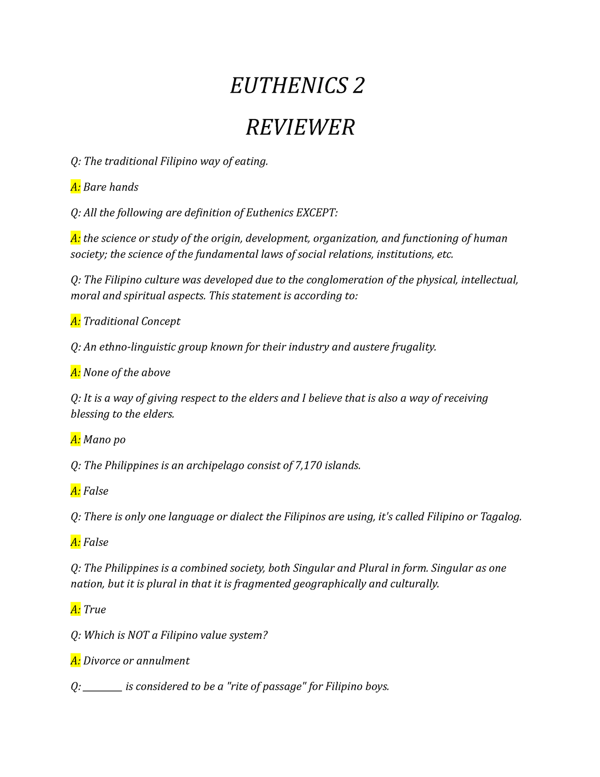 Euthenics 2 - Reviewer - EUTHENICS 2 REVIEWER Q: The Traditional ...