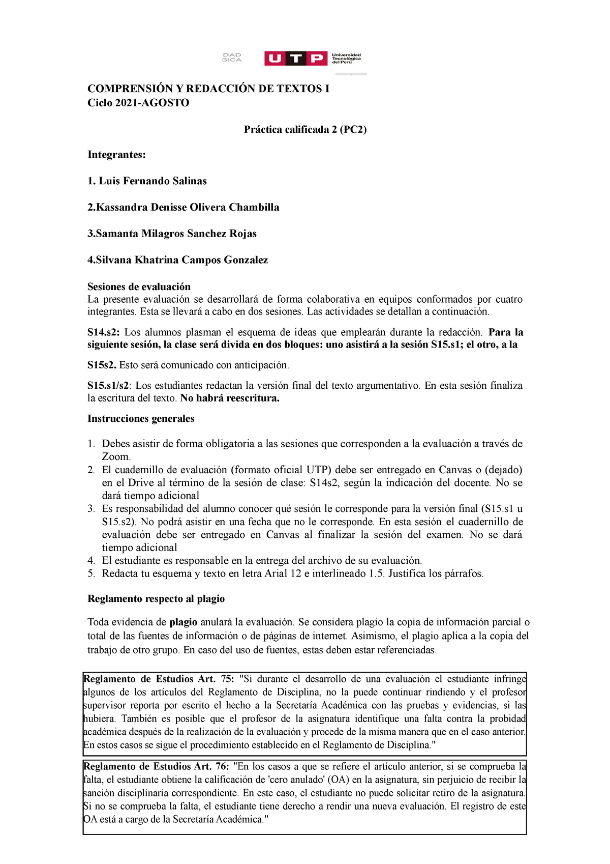 S14s2 Y S15 Práctica Calificada 2 Formato Oficial Utp 2021 Agosto ComprensiÓn Y RedacciÓn 4558