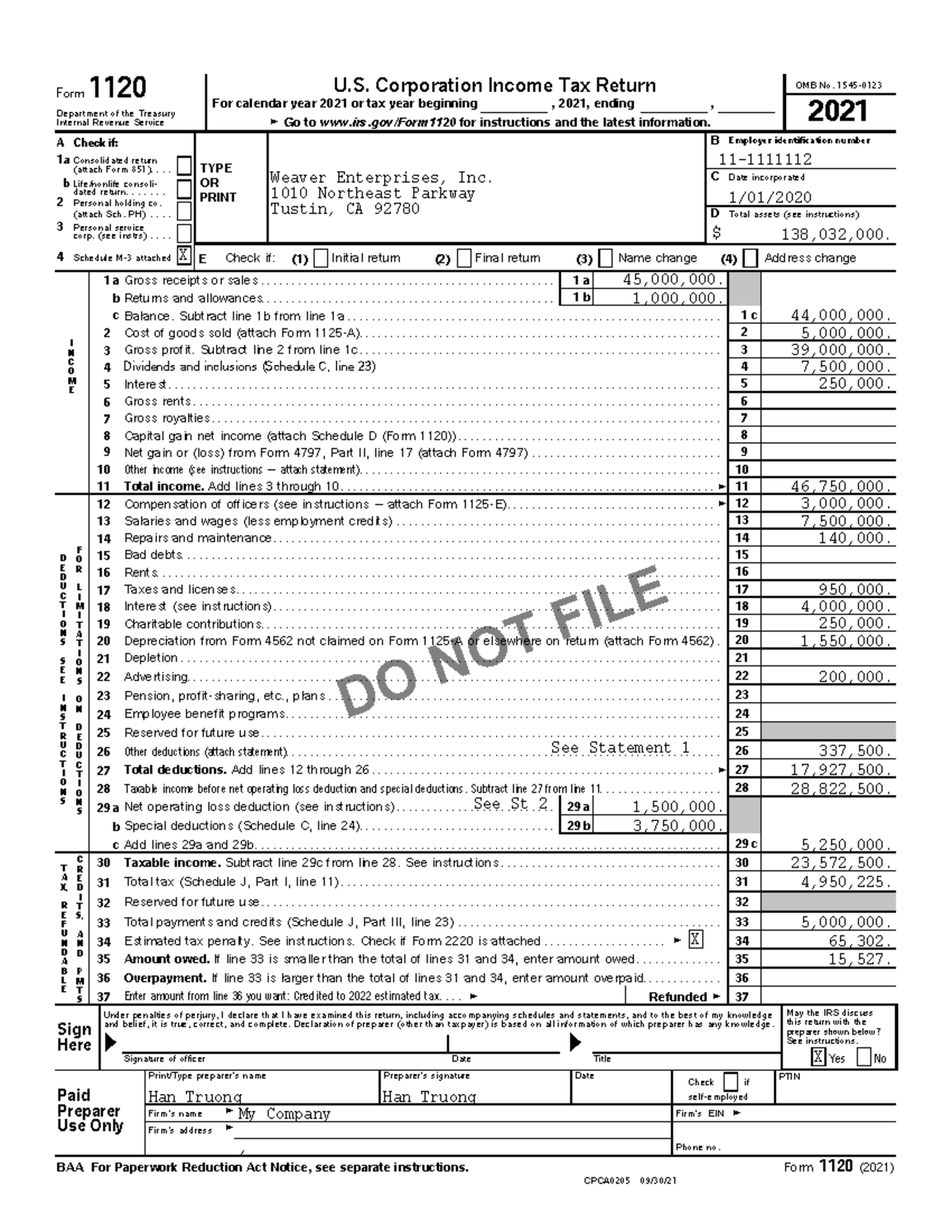 Han Truong Form - ACCT 408 - Practice set #1 Form 1120 - “” - Studocu