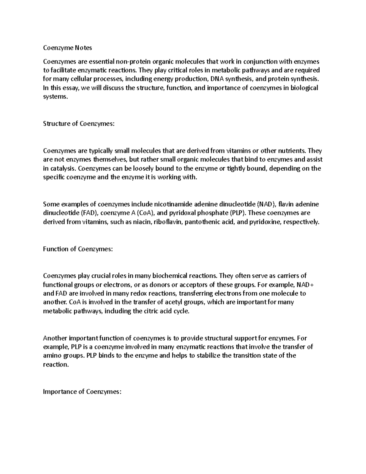 Coenzyme Notes - Coenzyme Notes Coenzymes are essential non-protein ...