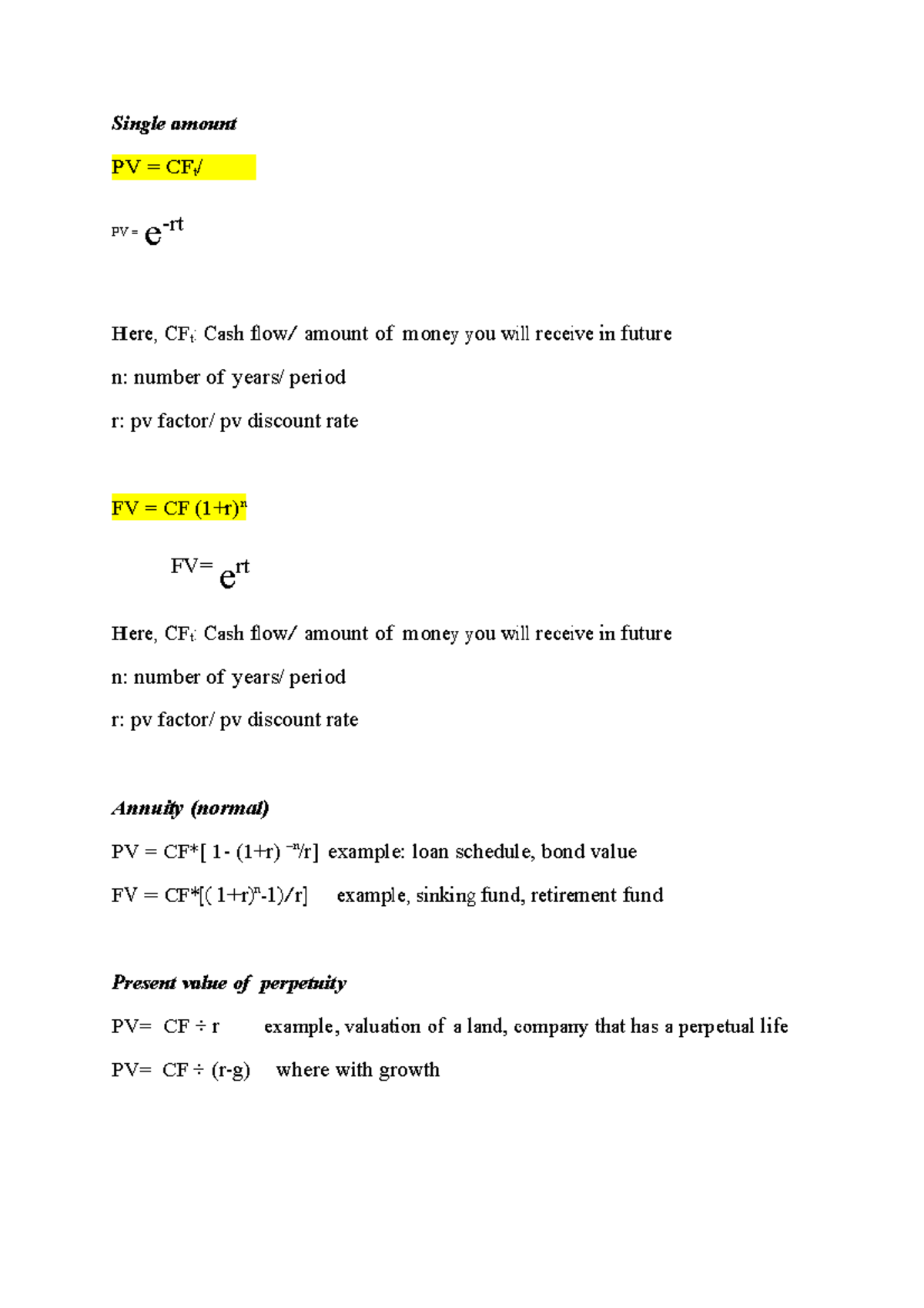 Financial Calculation Accounting Finance - Single amount PV = e-rt Here ...
