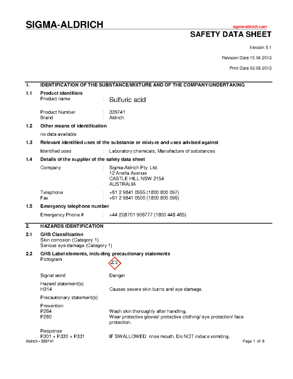 MSDS Sulfuric Acid Acid SIGMA ALDRICH Sigma Aldrich SAFETY DATA   Thumb 1200 1553 