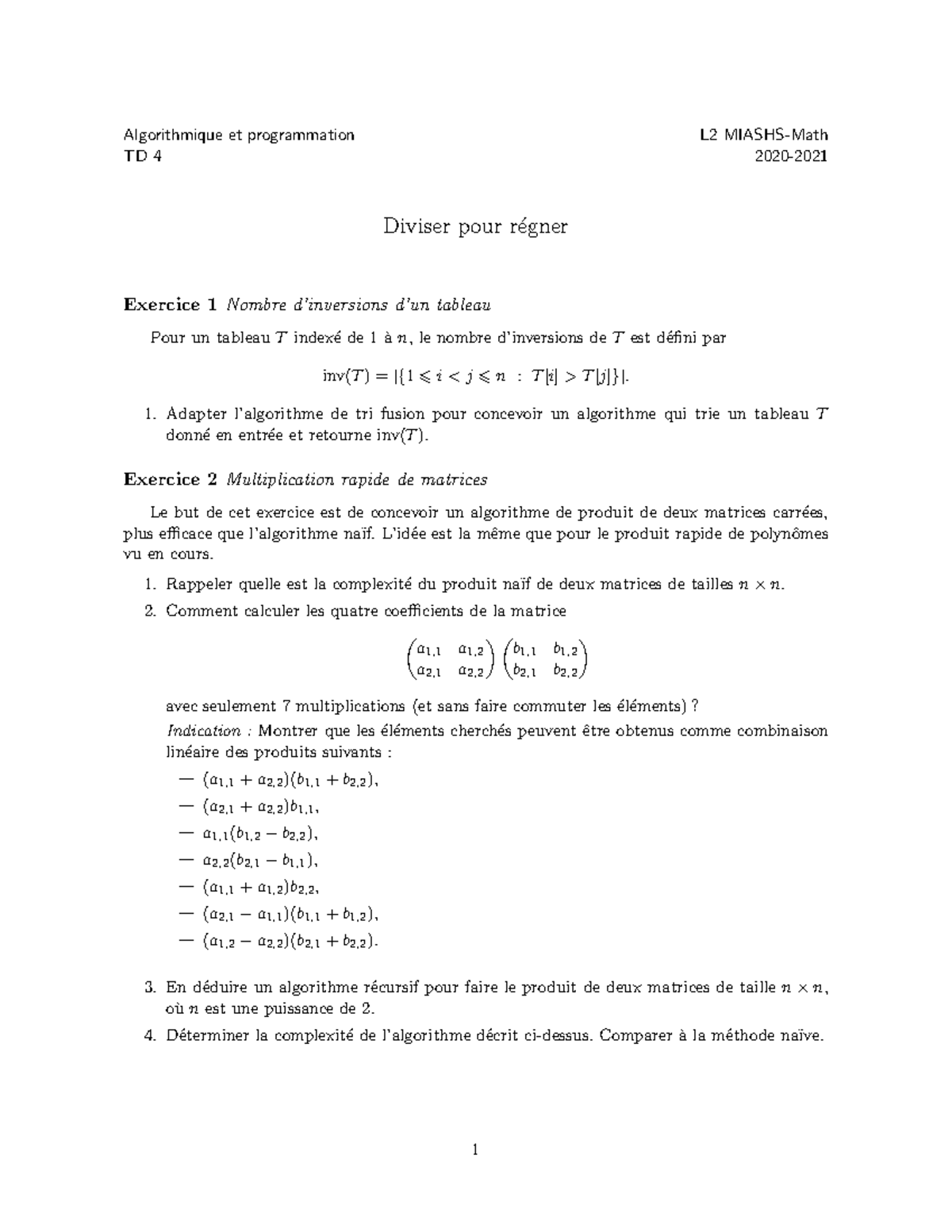 Td4 - Td4 - Algorithmique et programmation L2 MIASHS-Math TD 4 2020 ...