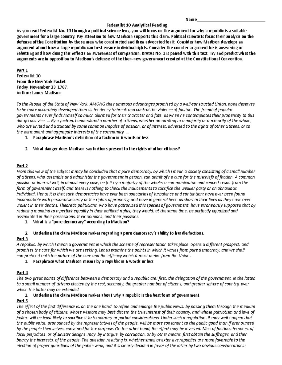 Federalist 10 Brutus 1 Analytical Reading - Name ...