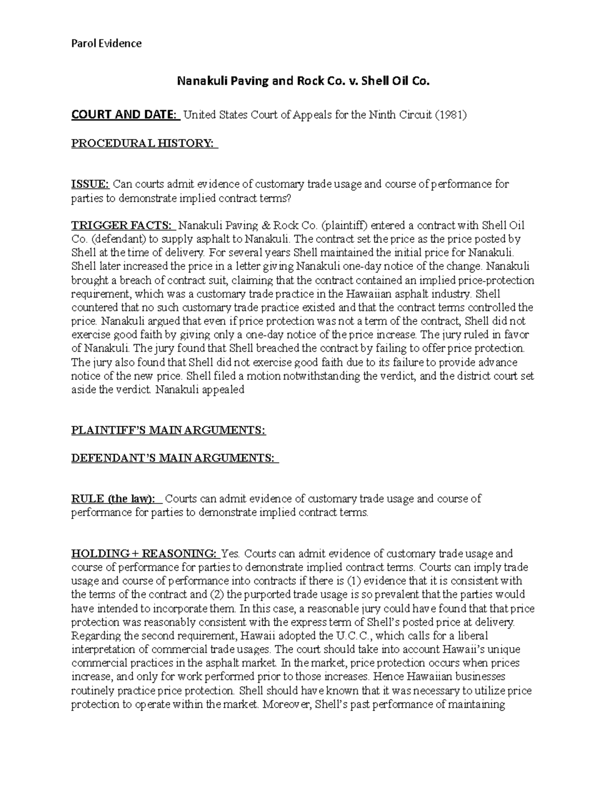 Nanakuli Paving and Rock Co Parol Evidence Nanakuli Paving and Rock Co. v. Shell Oil Co. COURT