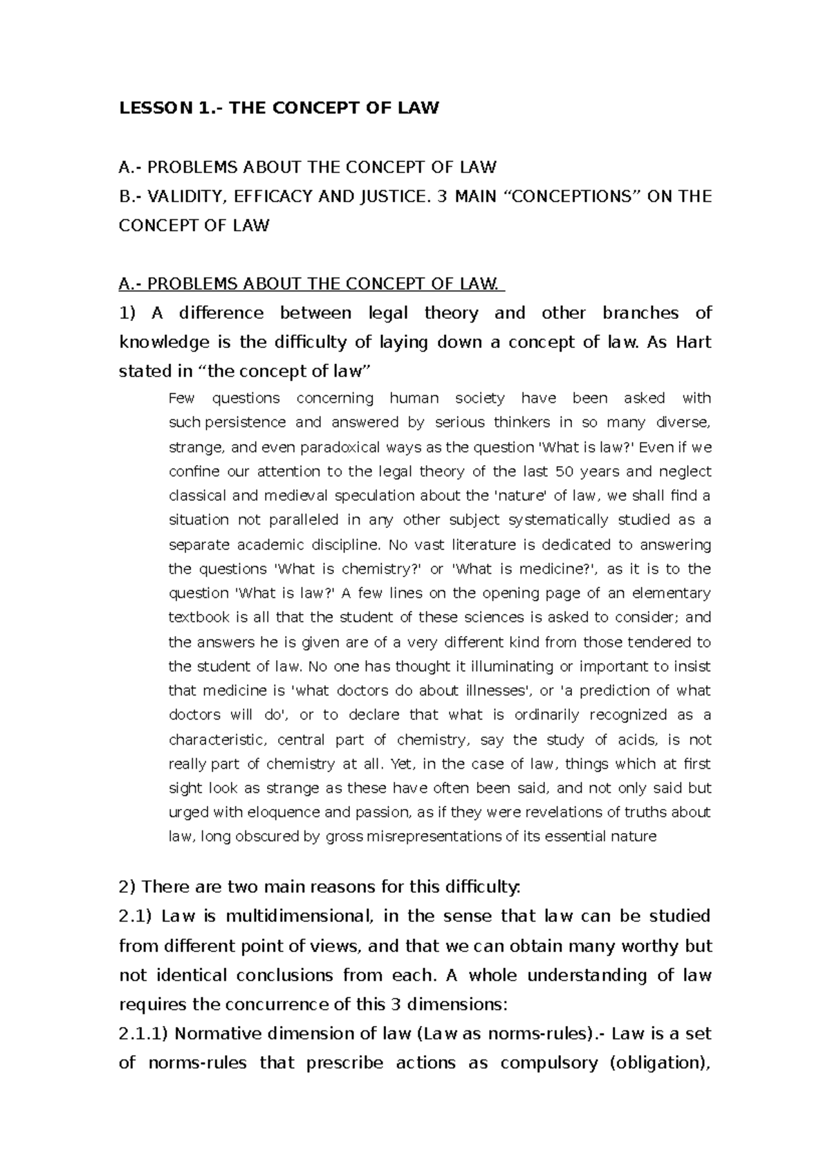 Chapter 1 - Apuntes 1 - LESSON 1.- THE CONCEPT OF LAW A.- PROBLEMS ...