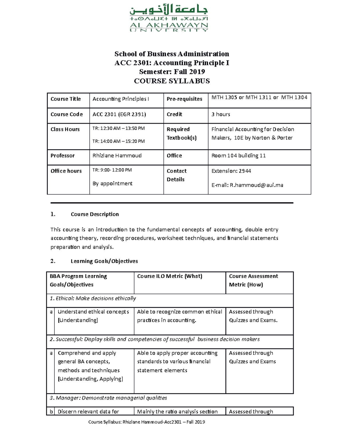 ACC2301- Syllabus-Fall - School Of Business Administration ACC 2301 ...