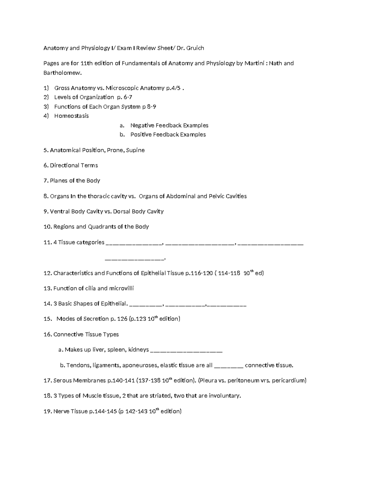 A-P Test 1 Review Sheet(1) - Anatomy and Physiology I/ Exam I Review ...
