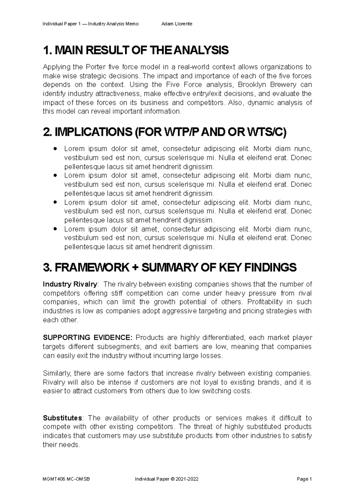 MGMT406 — Individual Paper 1 Industry Analysis Memo — Template — v1 1