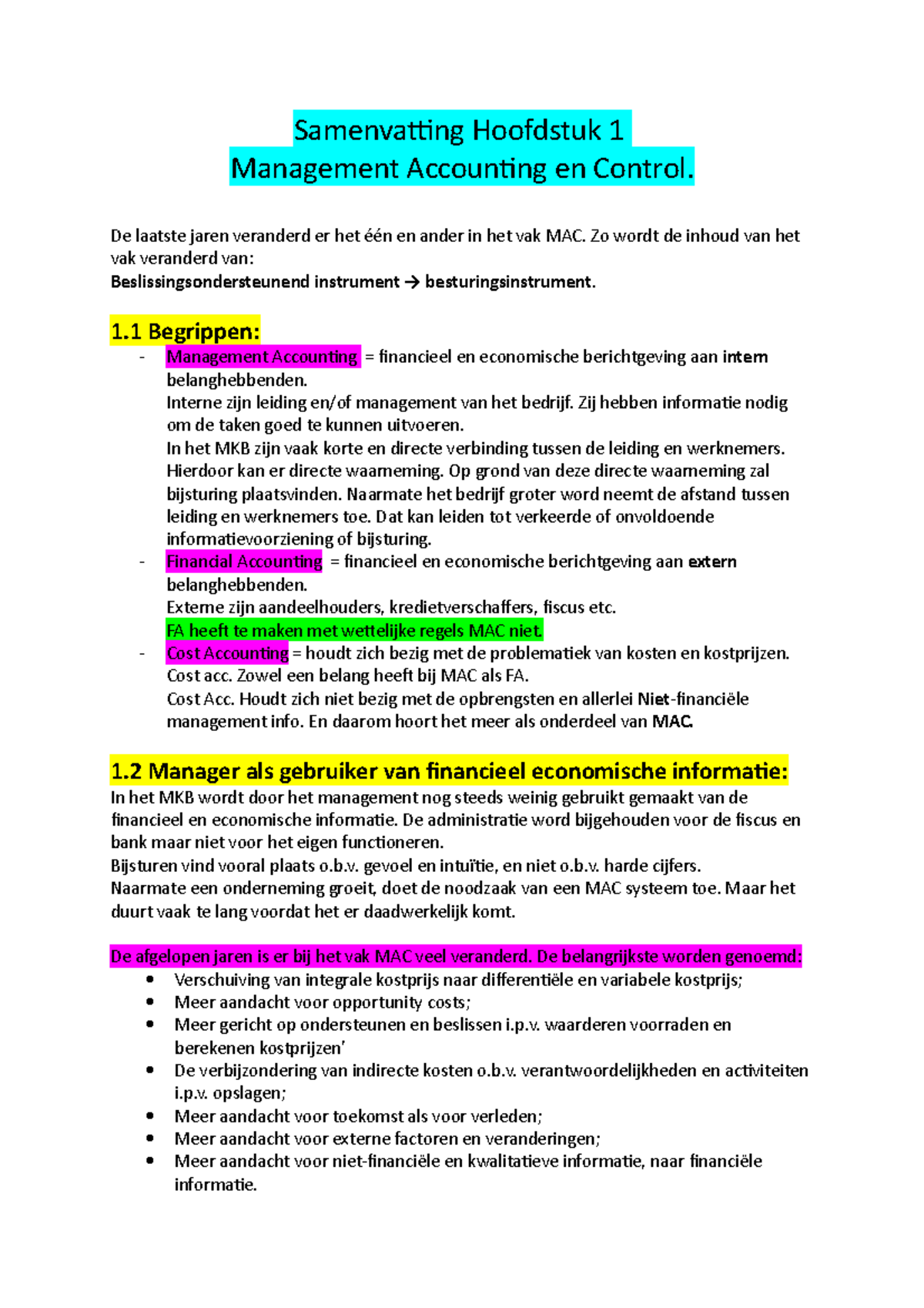 Samenvating HFD1 Managment Acc - Samenvatting Hoofdstuk 1 Management ...