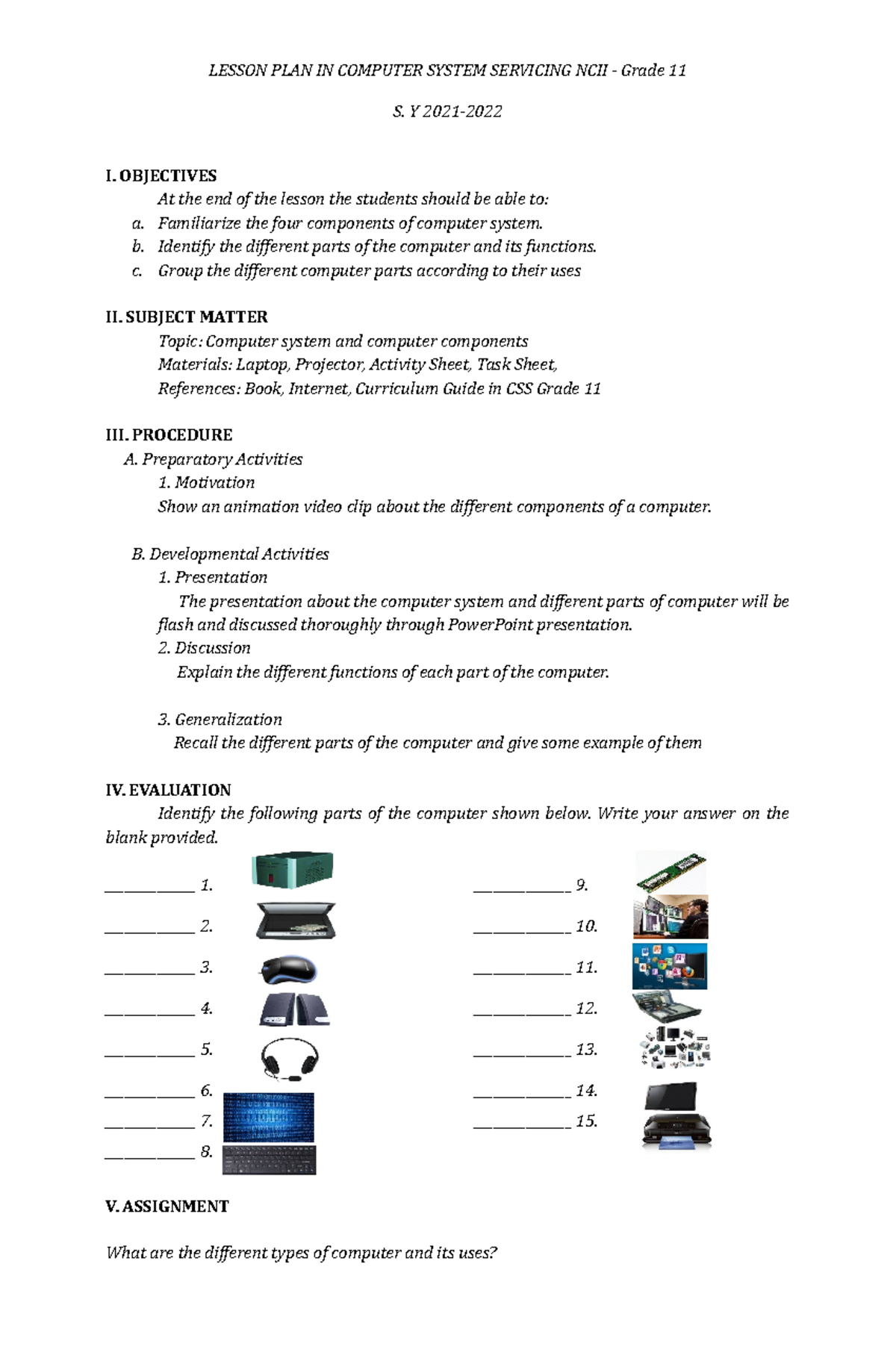 1. Lesson PLAN CSS 11&12 - LESSON PLAN IN COMPUTER SYSTEM SERVICING ...