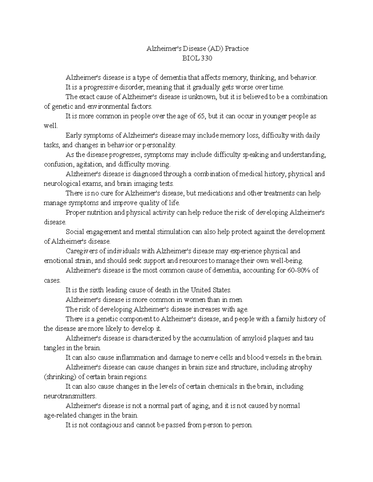 Alzheimer's Disease (AD) practice materials - Alzheimer's Disease (AD ...