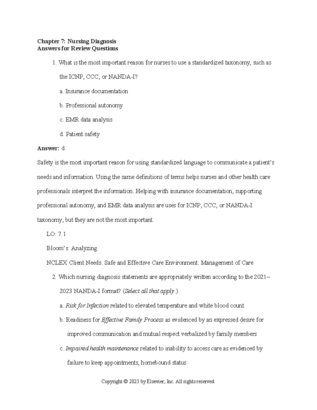 Chapter 007 - Practice questions - Chapter 7: Nursing Diagnosis Answers ...